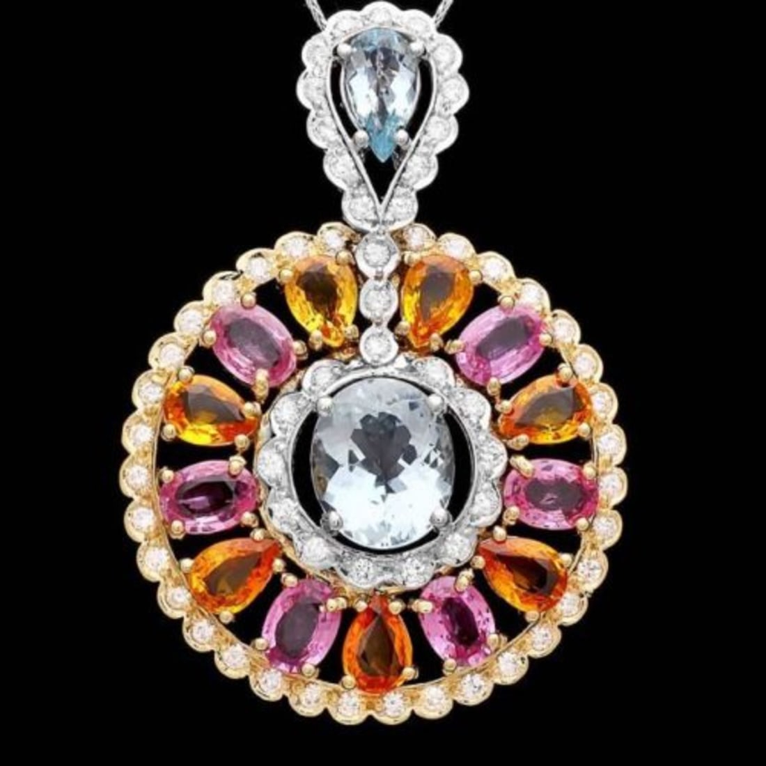 14K Gold 5.21ct Aquamarine 11.07ct Sapphire and 1.78ct Diamond Pendant: Retail: $20,000.00 ****** 14K Gold 5.21ct Aquamarine 11.07ct Sapphire and 1.78ct Diamond Pendant ****** Metal: 14K Yellow and White Gold / Total Item Weight: 16.0 Grams / Country Made: United States /