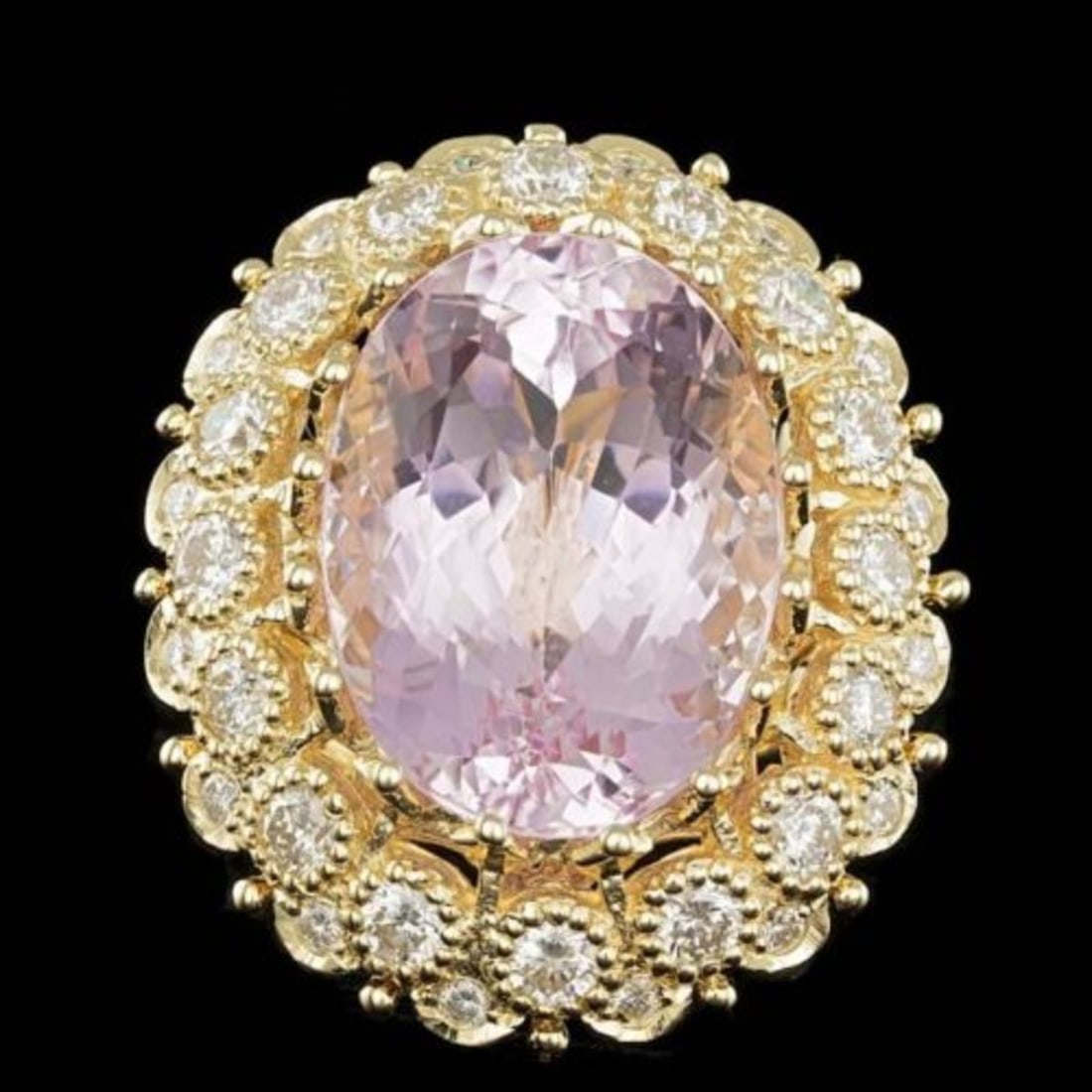 14K Yellow Gold 22.19ct Kunzite and 2.42ct Diamond Ring: Retail: $29,400.00 ****** 14K Yellow Gold 22.19ct Kunzite and 2.42ct Diamond Ring ****** Metal: 14K Yellow Gold / Total Item Weight: 18.5 Grams / Country Made: United States / / Main Stone: Kunzite