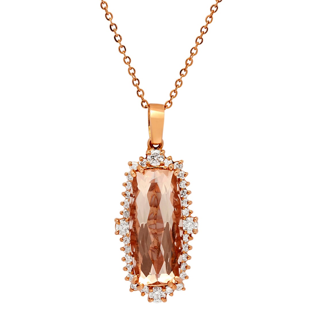 14k Rose Gold 11.96ct Morganite 1.25ct Diamond Pendant: Retail: $9,290.00 ****** 14k Rose Gold 11.96ct Morganite 1.25ct Diamond Pendant ****** Metal: 14K Rose Gold / Total Item Weight: 9.50 grams / Country Made: United States / / Main Stone: Morganite / Co