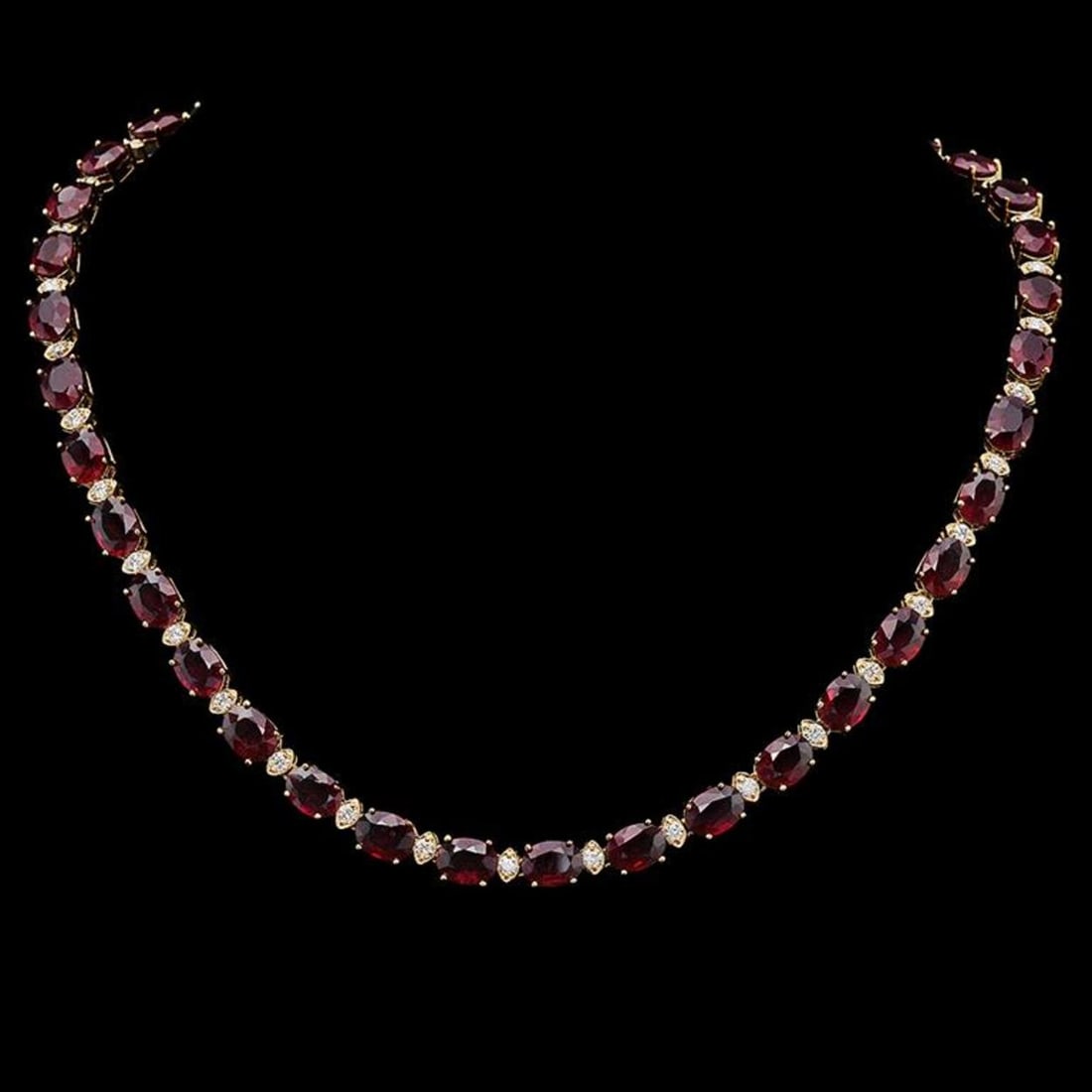14K Gold 61.59ct Ruby & 2.14ct Diamond Necklace: Retail: $28,624.00 ****** 14K Gold 61.59ct Ruby & 2.14ct Diamond Necklace ****** Metal: 14K Solid Gold / Total Item Weight: 34.6 grams / Country Made: United States / / Main Stone: Ruby / Color: Red /