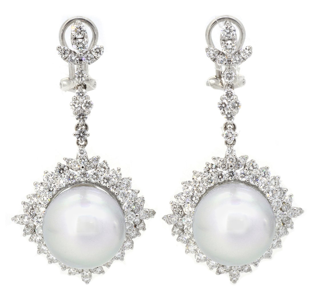 18K White Gold ladies Earrings with South Sea Pearls and 3.89ct tw Adjacent Diamonds: Retail: $17,000.00 ****** 18K White Gold ladies Earrings with South Sea Pearls and 3.89ct tw Adjacent Diamonds ****** Metal: 18K White Gold / Total Item Weight: 15 Grams / Country Made: United States
