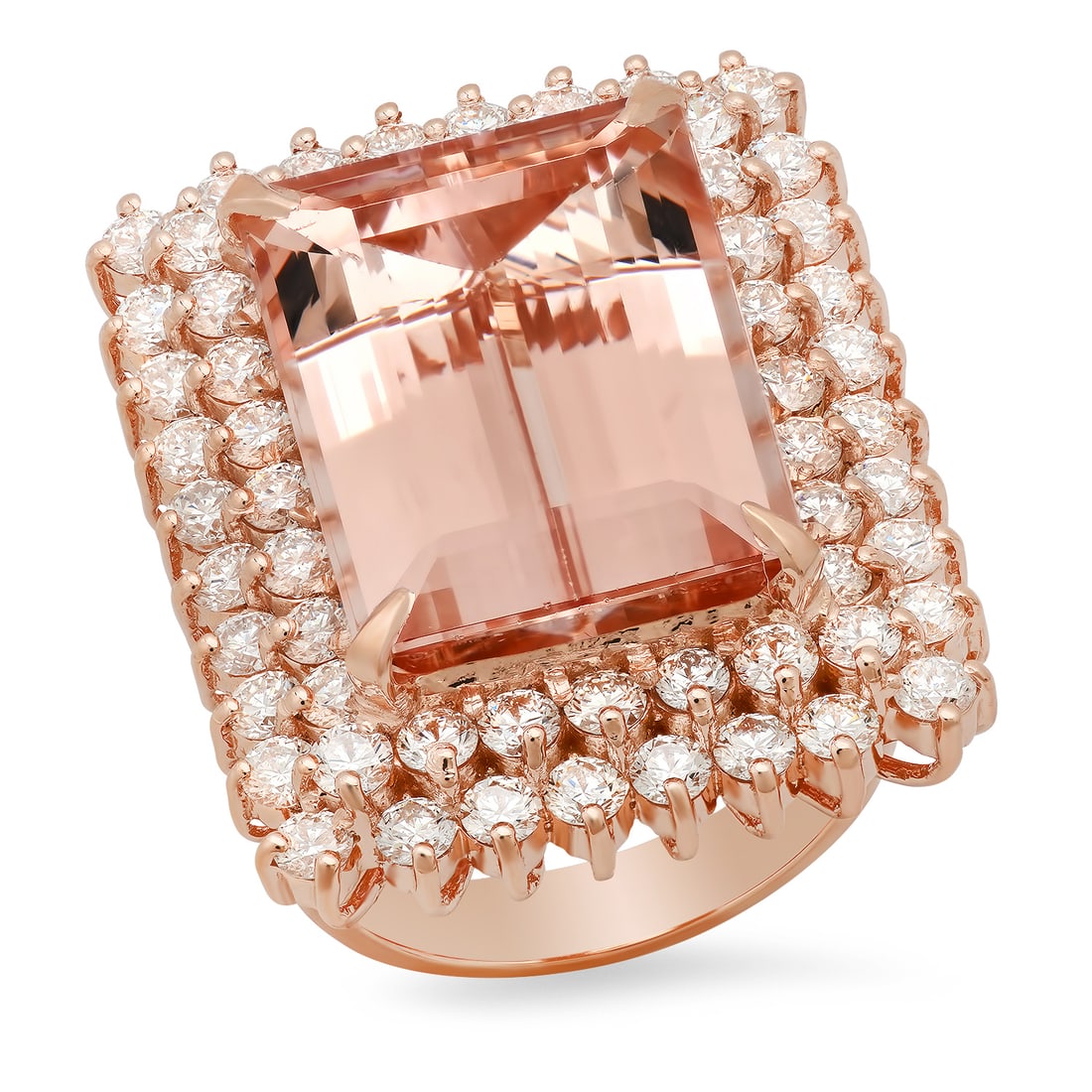 14K Rose Gold with 16.50ct Morganite and 3.33ct Diamond Ladies Ring: Retail: $22,852.00 ****** 14K Rose Gold with 16.50ct Morganite and 3.33ct Diamond Ladies Ring ****** Size: 7 (we offer free resizing to winning bidders) / Metal: 14K Rose Gold / Total Item Weight: 16.