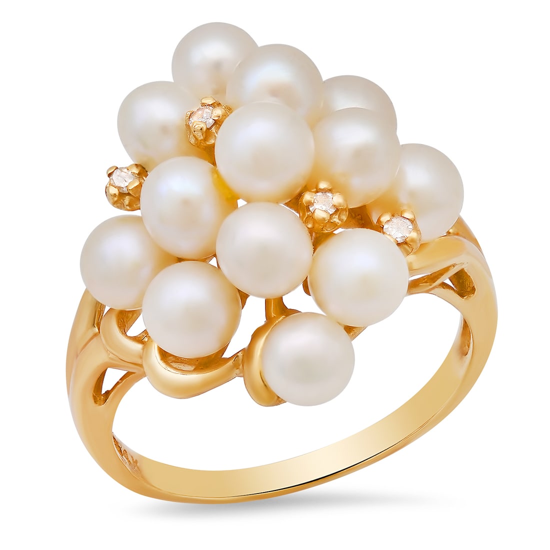 14K Yellow Gold Setting with 13 White Pearls and 0.12ct Diamond Ladies Ring: Retail: $1,620.00 ****** 14K Yellow Gold Setting with 13 White Pearls and 0.12ct Diamond Ladies Ring ****** Size: 8.5(we offer free resizing to winning bidders) / Metal: 14K Yellow Gold / Total Item W