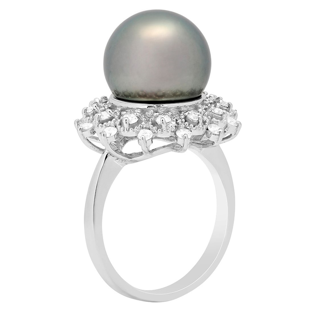 14k White Gold 12mm Pearl 0.59ct Diamond Ring - 2