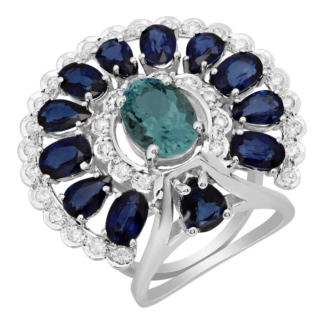 14k White Gold 2.04ct Aquamarine 6.56ct Sapphire 0.97ct Diamond Ring: Retail: $4,850.00 ****** 14k White Gold 2.04ct Aquamarine 6.56ct Sapphire 0.97ct Diamond Ring ****** Metal: 14K White Gold / Total Item Weight: 14.20 grams / Country Made: United States / / Main Stone