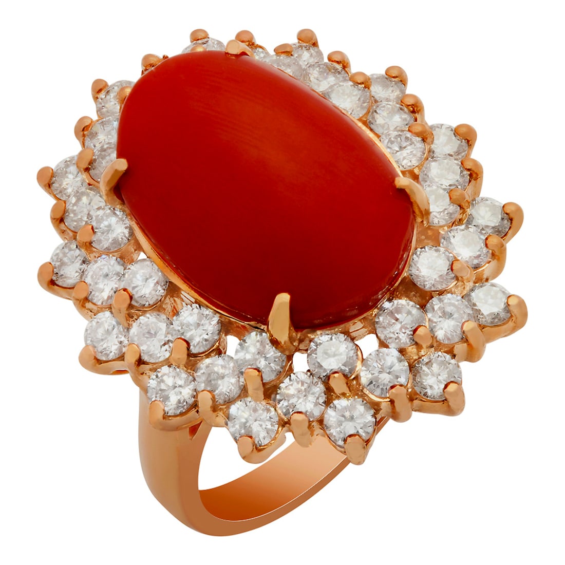 14k Rose Gold 6.43ct Coral 2.43ct Diamond Ring: Retail: $14,945.00 ****** 14k Rose Gold 6.43ct Coral 2.43ct Diamond Ring ****** Metal: 14K Rose Gold / Total Item Weight: 9.90 grams / Country Made: United States / / Main Stone: Coral / Color: Medium