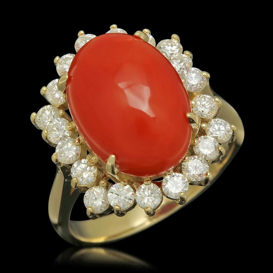 14K Yellow Gold 5.68ct Coral and 1.01ct Diamond Ring: Retail: $14,560.00 ****** 14K Yellow Gold 5.68ct Coral and 1.01ct Diamond Ring ****** Metal: 14K Yellow Gold / Total Item Weight: 6.0 Grams / Country Made: United States / / Main Stone: Coral / Color: