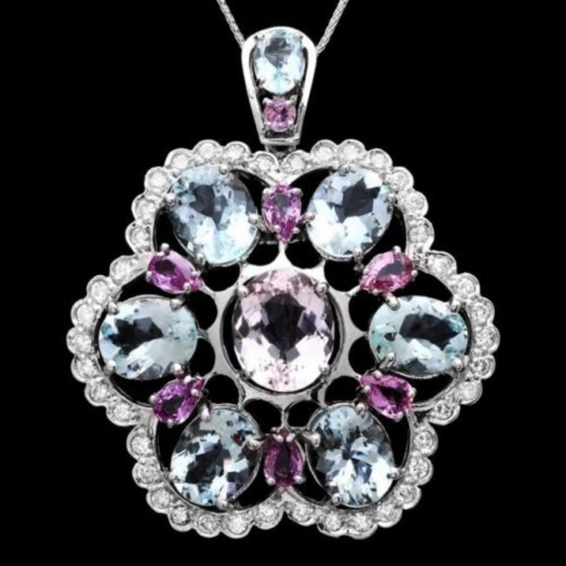 14K Gold 18.79ct Aquamarine 3.98ct Morganite 3.07ct Sapphire and 1.63ct Diamond Pendant: Retail: $12,511.00 ****** 14K Gold 18.79ct Aquamarine 3.98ct Morganite 3.07ct Sapphire and 1.63ct Diamond Pendant ****** Metal: 14K White Gold / Total Item Weight: 17.0 Grams / Country Made: United St