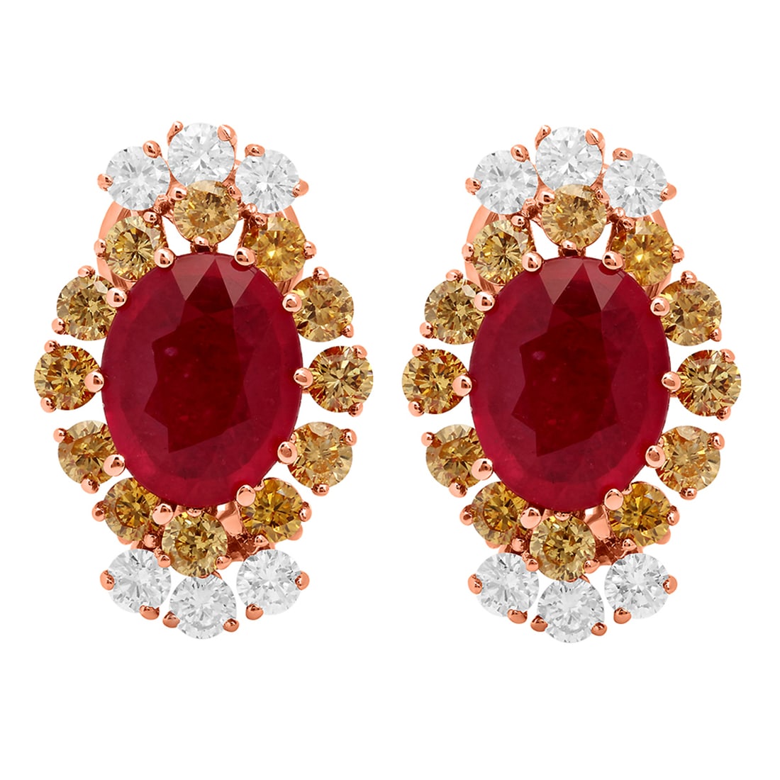 14k Rose Gold 5.52ct Ruby 0.75ct & 1.55ct Diamond Earrings: Retail: $9,550.00 ****** 14k Rose Gold 5.52ct Ruby 0.75ct & 1.55ct Diamond Earrings ****** Metal: 14K Rose Gold / Total Item Weight: 9.21 grams / Country Made: United States / / Main Stone: Ruby /