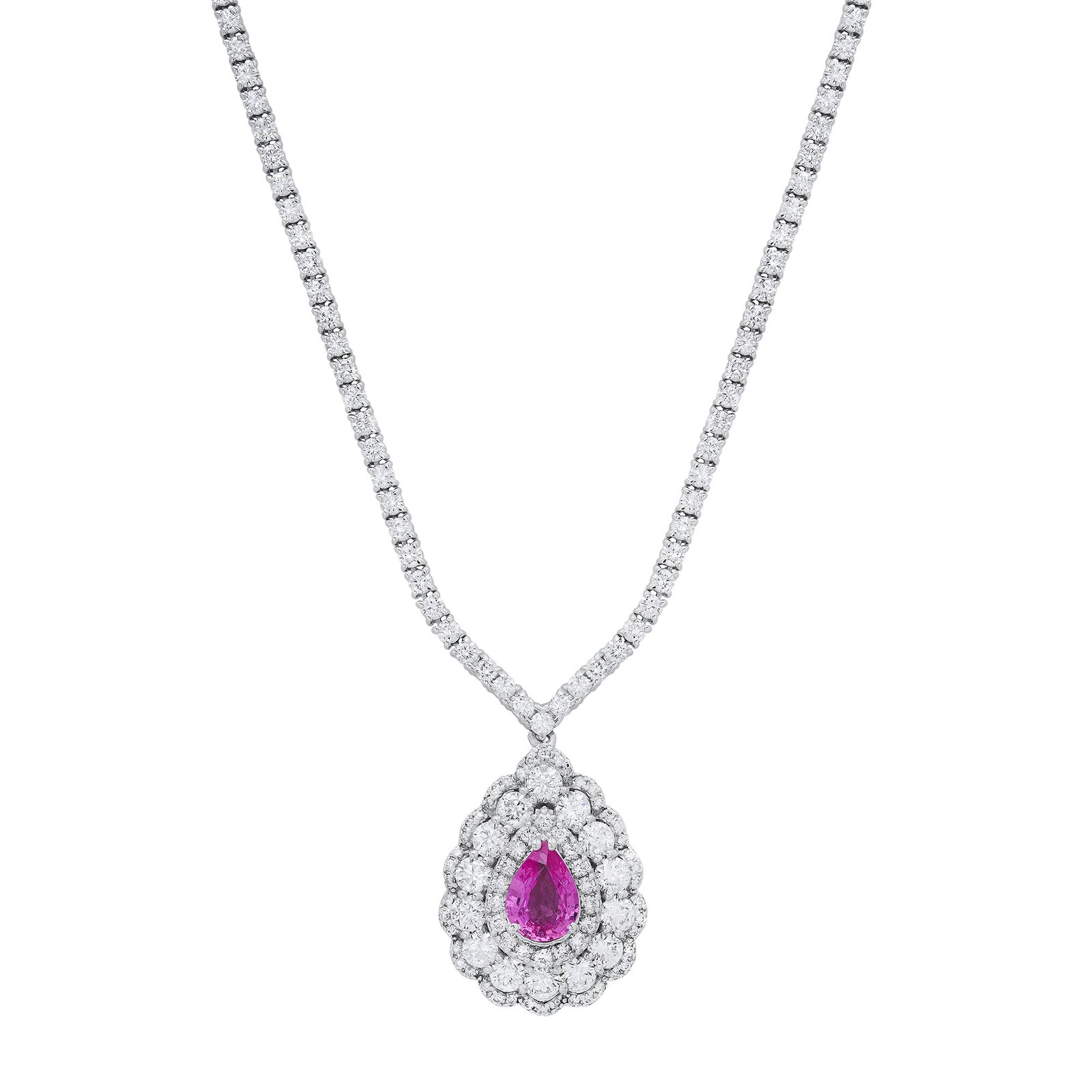 14K White Gold Ladies Necklace with 1.15ct Pink Sapphire and 5.89tcw Diamonds: Retail: $45,150.00 ****** 14K White Gold Ladies Necklace with 1.15ct Pink Sapphire and 5.89tcw Diamonds ****** Size: 17 / Metal: 14K White Gold / Total Item Weight: 16.8 Grams / Country Made: United S