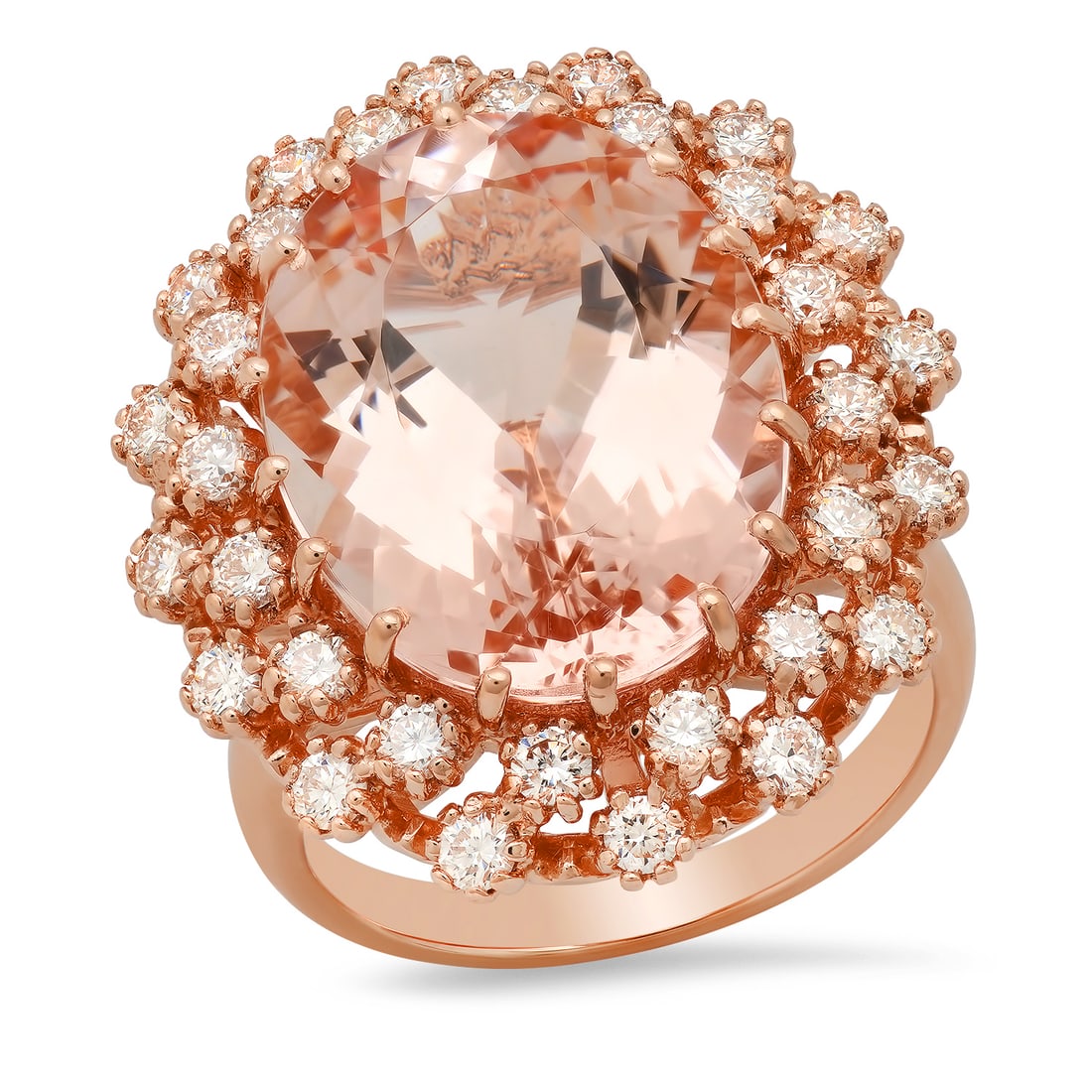 14K Rose Gold with 12.91ct Morganite and 1.39ct Diamond Ladies Ring: Retail: $15,277.00 ****** 14K Rose Gold with 12.91ct Morganite and 1.39ct Diamond Ladies Ring ****** Size: 7 (we offer free resizing to winning bidders) / Metal: 14K Rose Gold / Total Item Weight: 12.