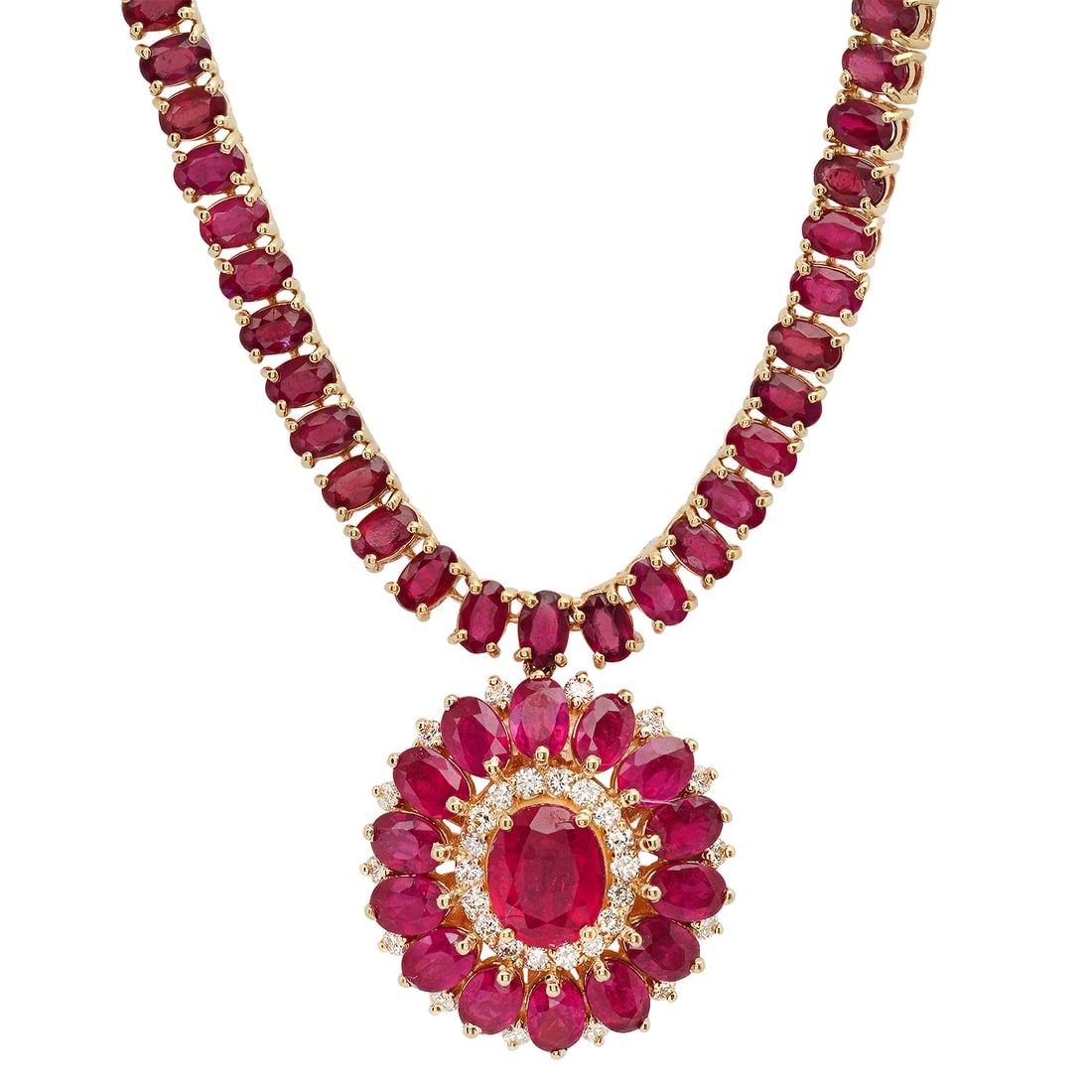 14K Yellow Gold Setting with 50.81ct Ruby and 0.92ct Diamond Necklace: Retail: $26,730.00 ****** 14K Yellow Gold Setting with 50.81ct Ruby and 0.92ct Diamond Necklace ****** Metal: 14K Yellow Gold / Total Item Weight: 40.7 Grams / Country Made: United States / / Main Sto