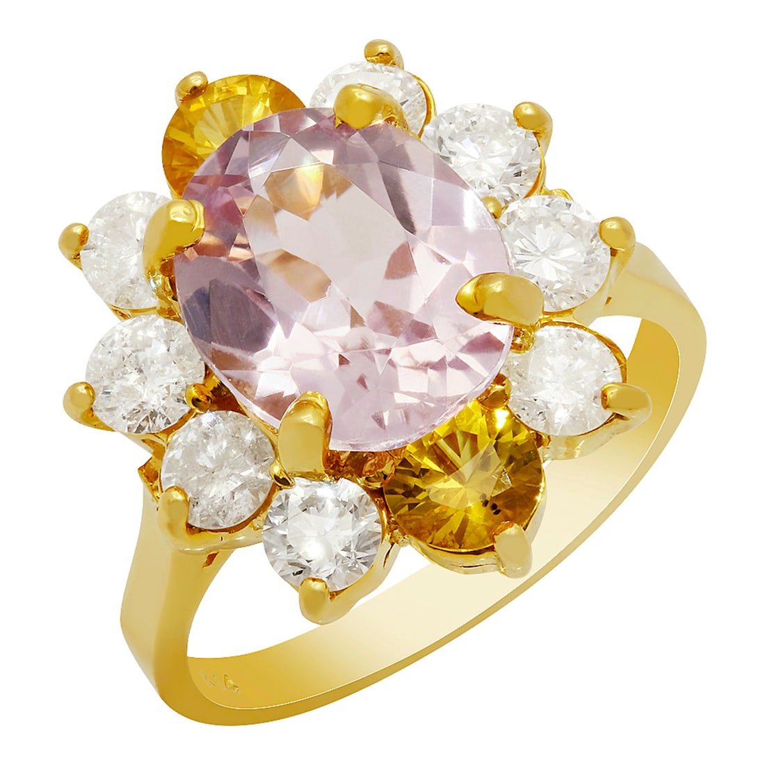 14k Yellow Gold 3.59ct Kunzite 0.98ct Yellow Sapphire 1.34ct Diamond Ring: Retail: $9,485.00 ****** 14k Yellow Gold 3.59ct Kunzite 0.98ct Yellow Sapphire 1.34ct Diamond Ring ****** Metal: 14K Yellow Gold / Total Item Weight: 6.00 grams / Country Made: United States / / Main