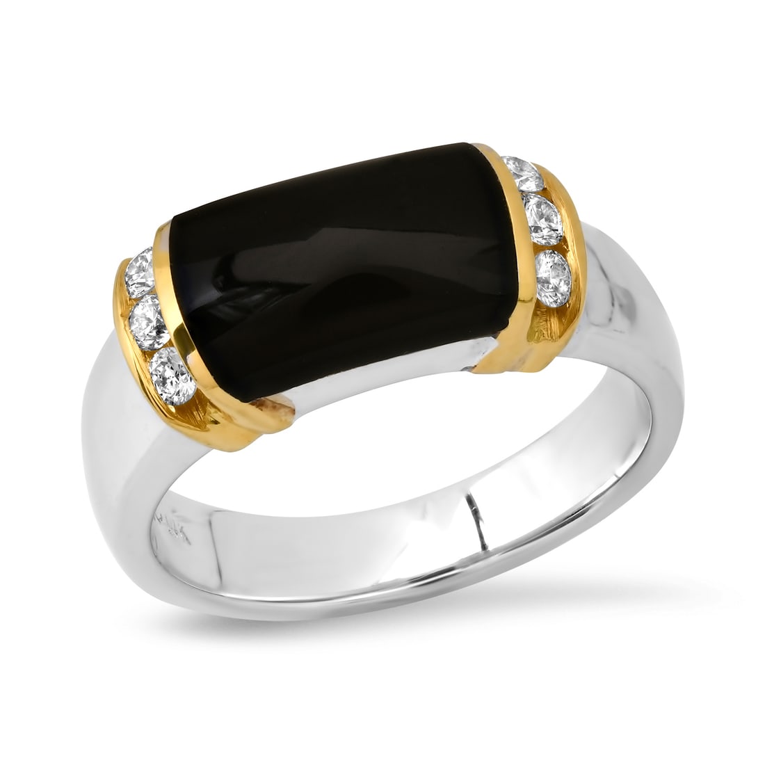 14K Yellow and White Gold Setting with 2.4ct Black Onyx and 0.17ct Diamond Ladies Ring: Retail: $3,000.00 ****** 14K Yellow and White Gold Setting with 2.4ct Black Onyx and 0.17ct Diamond Ladies Ring ****** Size: 6 (we offer free resizing to winning bidders) / Metal: 14K Yellow and White