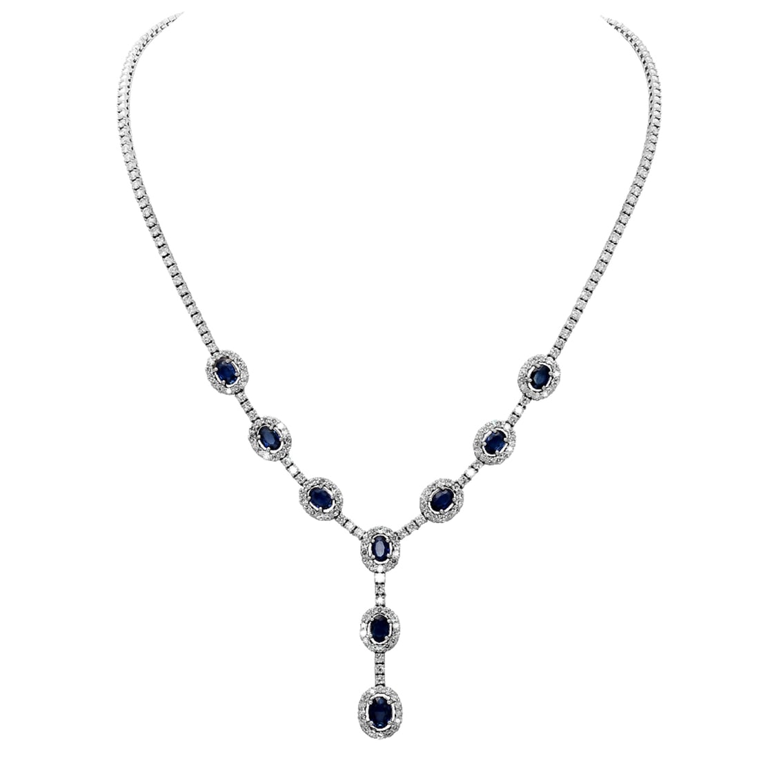 14k White Gold 5.16ct Sapphire 5.71ct Diamond Necklace: Retail: $28,930.00 ****** 14k White Gold 5.16ct Sapphire 5.71ct Diamond Necklace ****** Metal: 14K White Gold / Total Item Weight: 22.70 grams / Country Made: United States / / Main Stone: Sapphire /