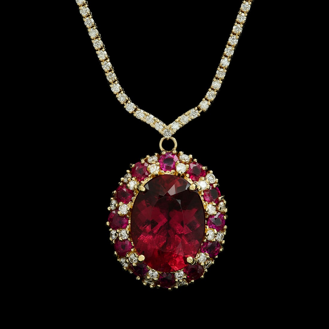 14K Yellow Gold, 11.86ct Tourmaline, 3.62ct Ruby and 3.28ct Diamond Necklace: Retail: $35,140.00 ****** 14K Yellow Gold, 11.86ct Tourmaline, 3.62ct Ruby and 3.28ct Diamond Necklace ****** Metal: 14K Yellow Gold / Total Item Weight: 20.2 Grams / Country Made: United States / / M