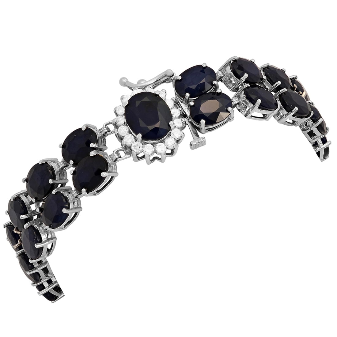 14k White Gold 53.80ct Sapphire 0.61ct Diamond Bracelet: Retail: $12,125.00 ****** 14k White Gold 53.80ct Sapphire 0.61ct Diamond Bracelet ****** Metal: 14K White Gold / Total Item Weight: 27.10 grams / Country Made: United States / / Main Stone: Sapphire /