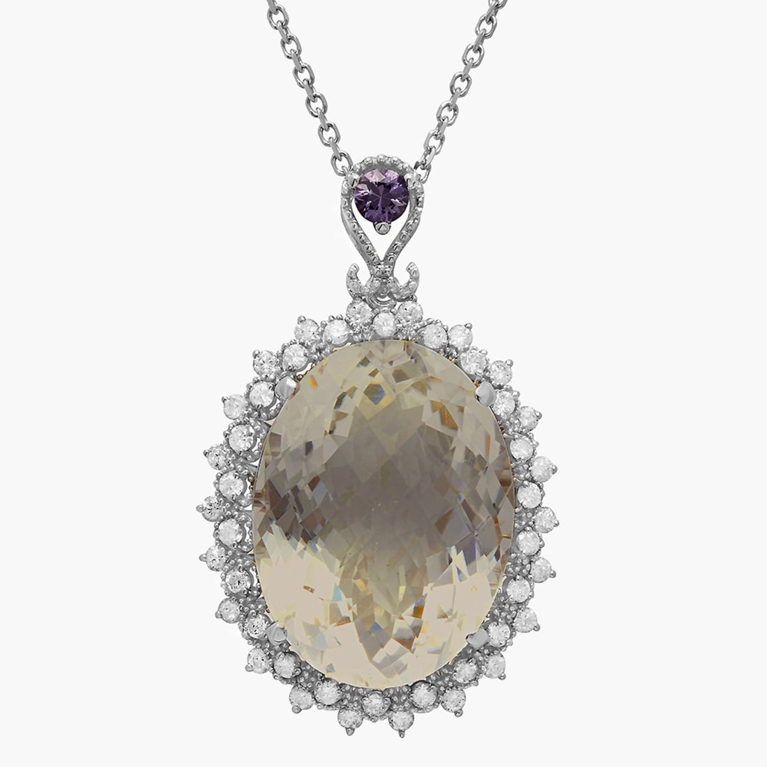 14k White Gold 29.06ct Quartz 0.28ct Pink Sapphire 1.25ct Diamond Pendant: Retail: $11,325.00 ****** 14k White Gold 29.06ct Quartz 0.28ct Pink Sapphire 1.25ct Diamond Pendant ****** Metal: 14K White Gold / Total Item Weight: 12.60 grams / Country Made: United States / / Main