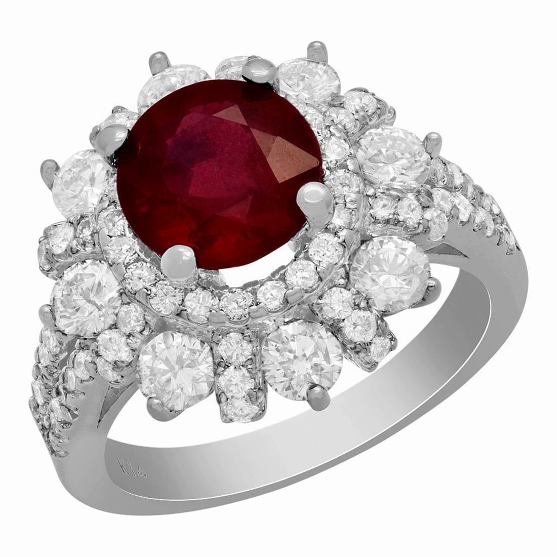 14k White Gold 2.49ct Ruby 2.52ct Diamond Ring: Retail: $7,750.00 ****** 14k White Gold 2.49ct Ruby 2.52ct Diamond Ring ****** Metal: 14K White Gold / Total Item Weight: 7.00 grams / Country Made: United States / / Main Stone: Ruby / Color: Intense