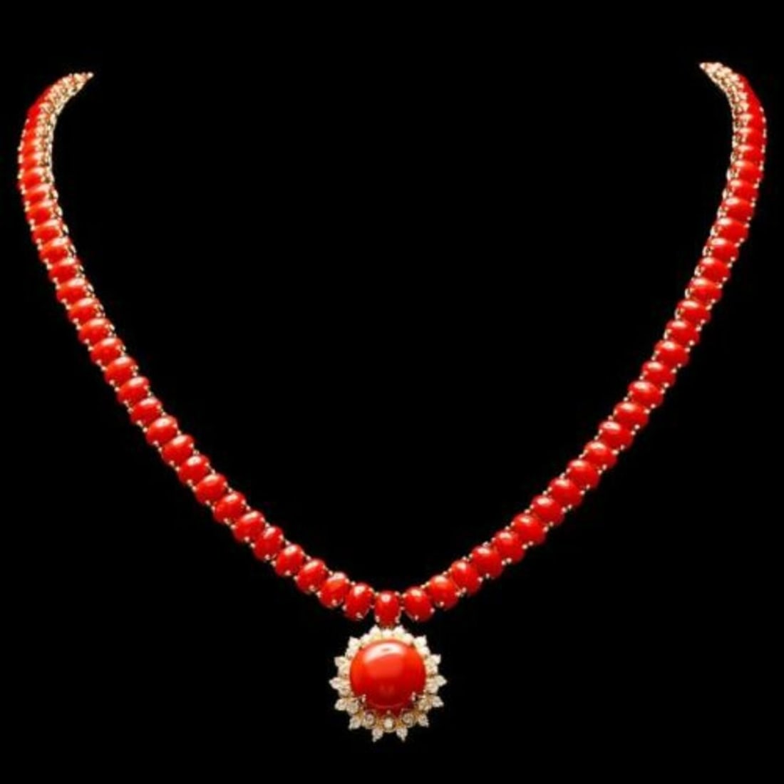 14K Yellow Gold 37.38ct Coral and 0.87ct Diamond Necklace: Retail: $23,755.00 ****** 14K Yellow Gold 37.38ct Coral and 0.87ct Diamond Necklace ****** Metal: 14K Yellow Gold / Total Item Weight: 33.5 Grams / Country Made: United States / / Main Stone: Coral /