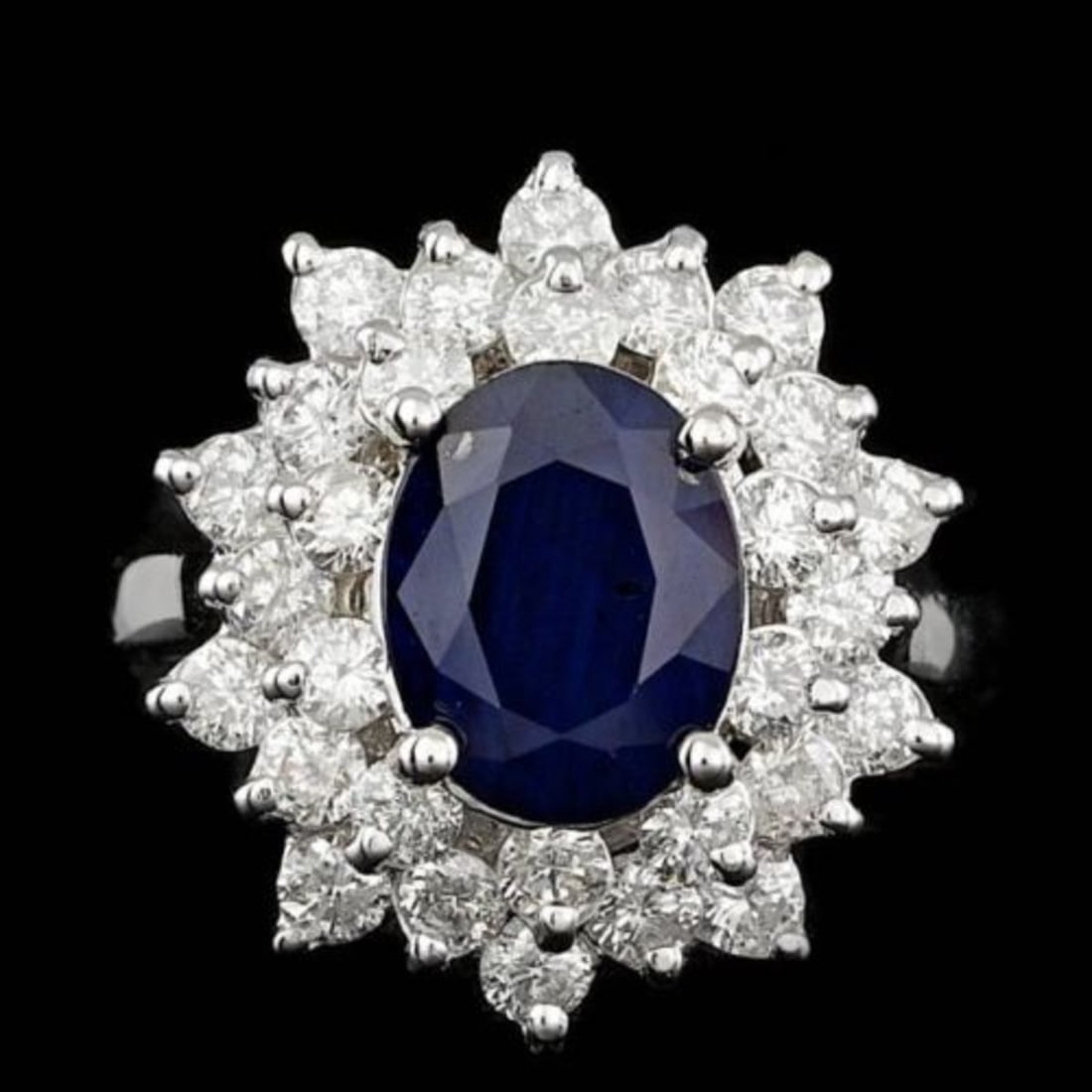 14K White Gold 3.43ct Sapphire and 1.77ct Diamond Ring: Retail: $9,400.00 ****** 14K White Gold 3.43ct Sapphire and 1.77ct Diamond Ring ****** Metal: 14K White Gold / Total Item Weight: 6.3 Grams / Country Made: United States / / Main Stone: Sapphire / Col