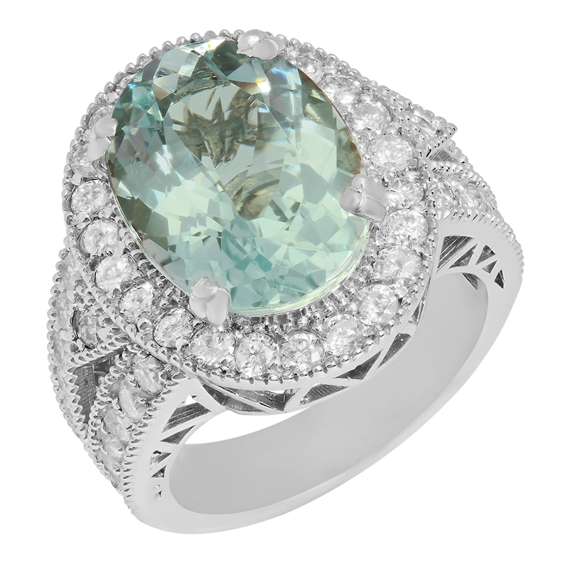 14k White Gold 6.71ct Aquamarine 1.69ct Diamond Ring: Retail: $8,325.00 ****** 14k White Gold 6.71ct Aquamarine 1.69ct Diamond Ring ****** Metal: 14K White Gold / Total Item Weight: 11.00 grams / Country Made: United States / / Main Stone: Aquamarine / C
