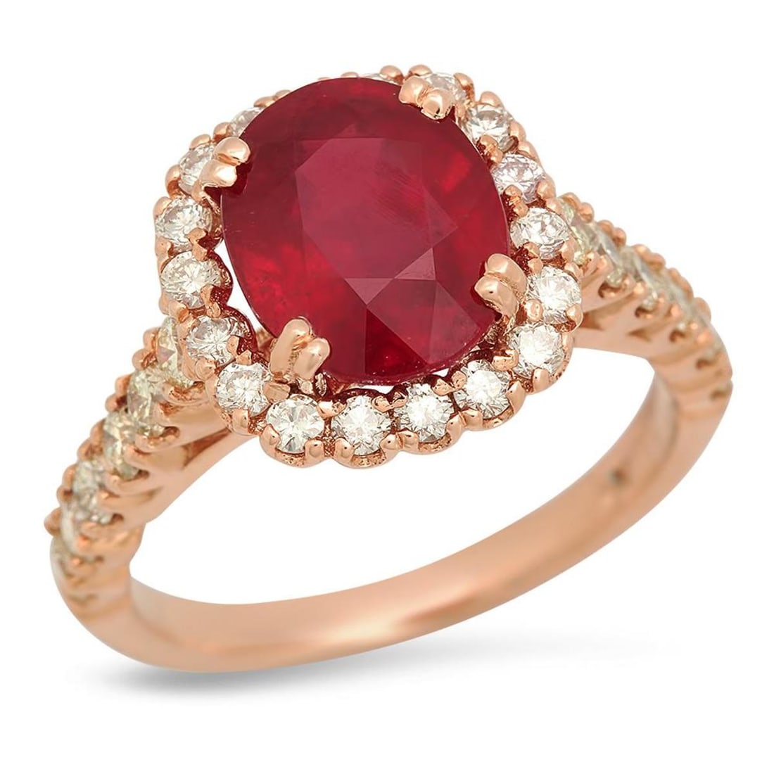 14K Rose Gold 4.59ct Ruby and 1.00ct Diamond Ring: Retail: $4,545.00 ****** 14K Rose Gold 4.59ct Ruby and 1.00ct Diamond Ring ****** Metal: 14K Rose Gold / Total Item Weight: 5.1 Grams / Country Made: United States / / Main Stone: Ruby / Color: Red /