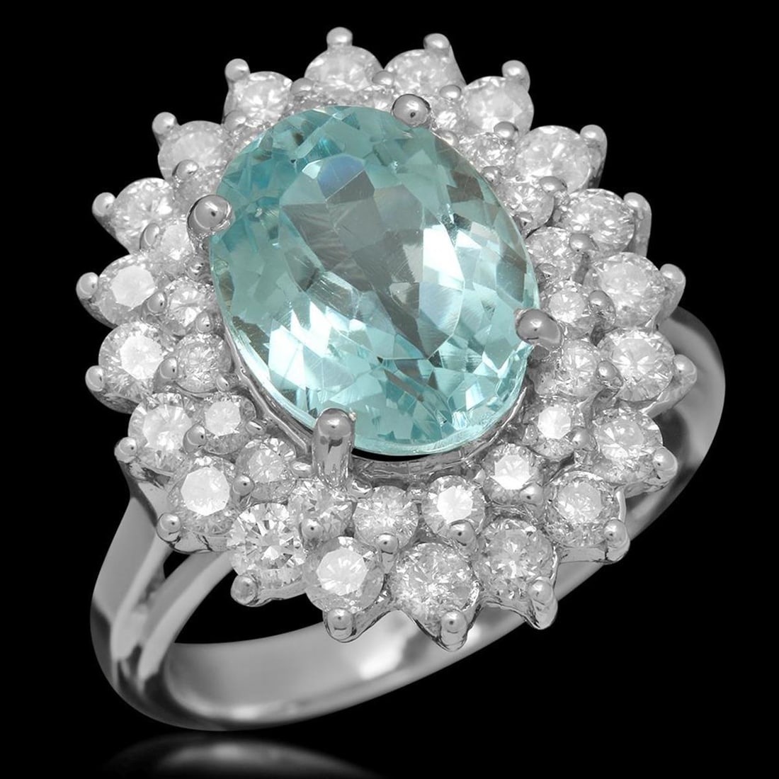 14K White Gold 5.29ct Aquamarine and 1.55ct Diamond Ring: Retail: $9,400.00 ****** 14K White Gold 5.29ct Aquamarine and 1.55ct Diamond Ring ****** Metal: 14K White Gold / Total Item Weight: 7.1 Grams / Country Made: United States / / Main Stone: Aquamarine /