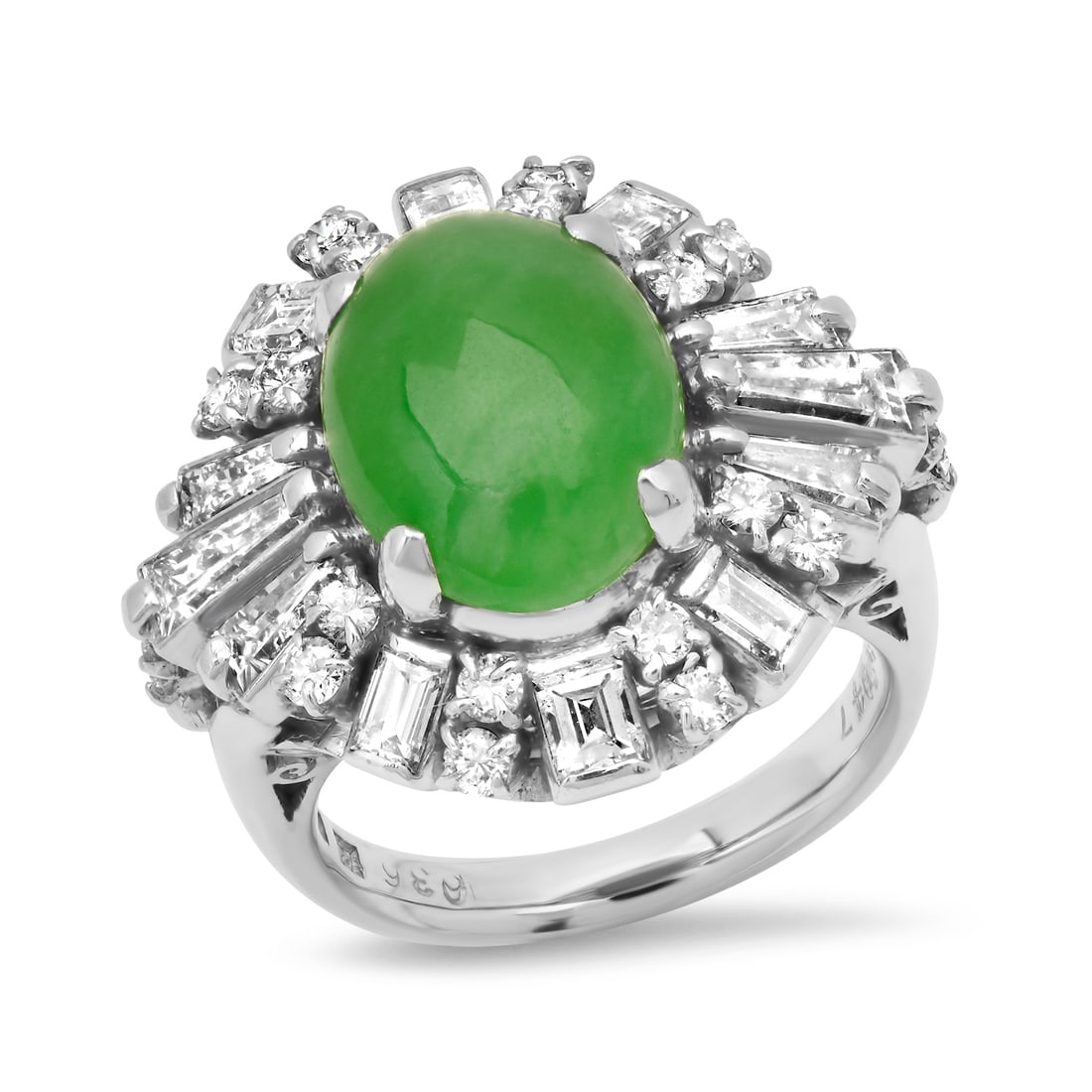 Platinum Setting with 6.36ct GIA Graded Jade and 1.22ct Diamond Ladies Ring: Retail: $15,600.00 ****** Platinum Setting with 6.36ct GIA Graded Jade and 1.22ct Diamond Ladies Ring ****** Size: 5 (we offer free resizing to winning bidders) / Metal: Platinum / Total Item Weight: