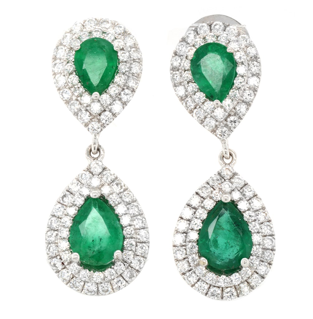 18K White Gold Earrings with 3.51ct Emeralds and 1.76ct Diamonds: Retail: $16,000.00 ****** 18K White Gold Earrings with 3.51ct Emeralds and 1.76ct Diamonds ****** Metal: 18K White Gold / Total Item Weight: 8.5 Grams / Country Made: United States / / Main Stone: Eme