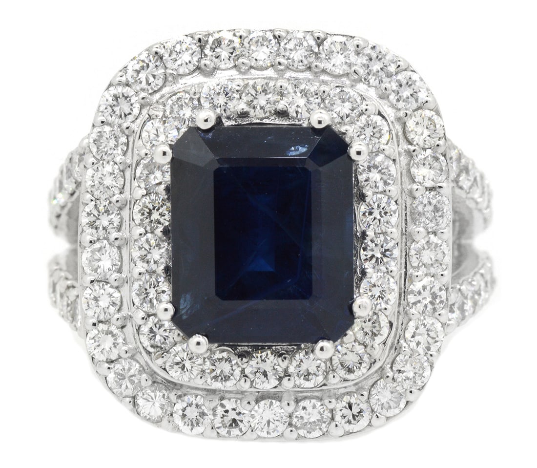 18K White Gold Ladies Ring with 6.19ct Sapphire and 2.63ct tw Diamonds: Retail: $34,000.00 ****** 18K White Gold Ladies Ring with 6.19ct Sapphire and 2.63ct tw Diamonds ****** Size: 6.5 / Metal: 18K White Gold / Total Item Weight: 16.7 Grams / Country Made: United States