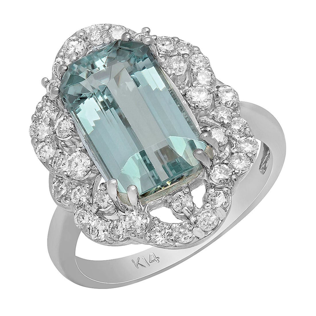 14k White Gold 4.09ct Aquamarine 0.79ct Diamond Ring: Retail: $7,425.00 ****** 14k White Gold 4.09ct Aquamarine 0.79ct Diamond Ring ****** Metal: 14K White Gold / Total Item Weight: 6.10 grams / Country Made: United States / / Main Stone: Aquamarine /