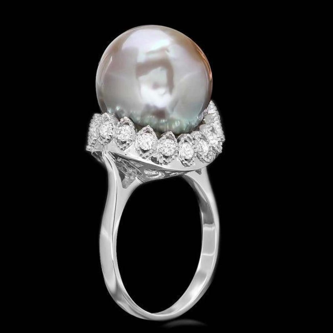 14K White Gold 14mm Tahitian Pearl and 0.54ct Diamond Ring (1 of 4)