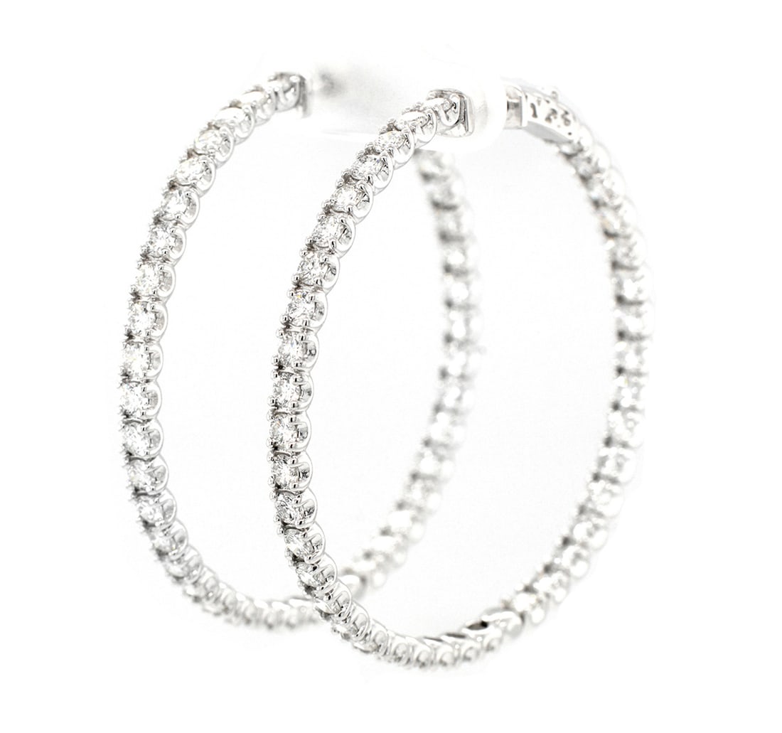18K White Gold Ladies Hoop Earrings with 6.30ct tw Diamonds: Retail: $25,000.00 ****** 18K White Gold Ladies Hoop Earrings with 6.30ct tw Diamonds ****** Size: 1.5 / Metal: 18K White Gold / Total Item Weight: 20.2 Grams / Country Made: United States / / Main