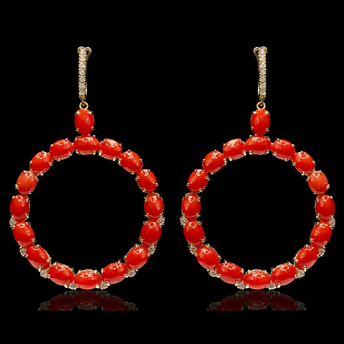 14k Yellow Gold 27.19ct Coral 0.80ct Diamond Earrings: Retail: $12,818.00 ****** 14k Yellow Gold 27.19ct Coral 0.80ct Diamond Earrings ****** Metal: 14K Yellow Gold / Total Item Weight: 19.4 grams / Country Made: United States / / Main Stone: Coral /