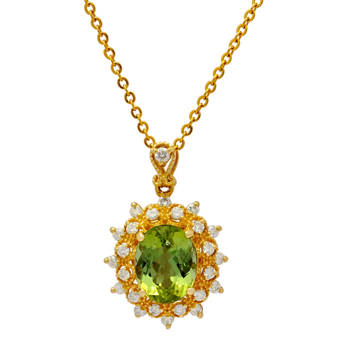 14k Yellow Gold 4.12ct Green Tourmaline 0.61ct Diamond Pendant: Retail: $9,290.00 ****** 14k Yellow Gold 4.12ct Green Tourmaline 0.61ct Diamond Pendant ****** Metal: 14K Yellow Gold / Total Item Weight: 4.00 grams / Country Made: United States / / Main Stone: Gree