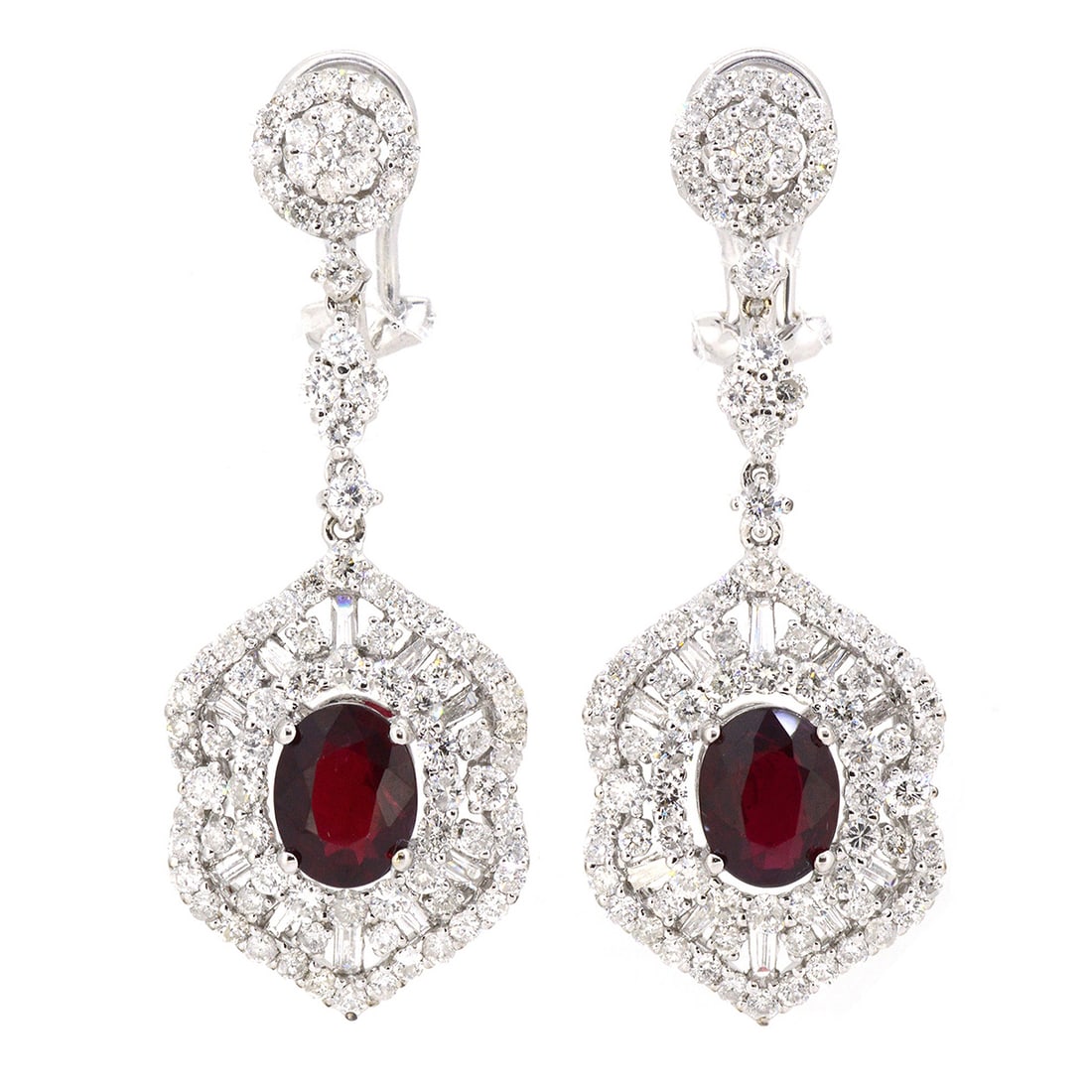 18K White Gold Ladies Earrings with 2.46ct tw GIA Certified Rubies and 2.87ct tw Adjacent Diamonds: Retail: $21,500.00 ****** 18K White Gold Ladies Earrings with 2.46ct tw GIA Certified Rubies and 2.87ct tw Adjacent Diamonds ****** Size: 1.5 Long / Metal: 18K White Gold / Total Item Weight: 8.5 Gram