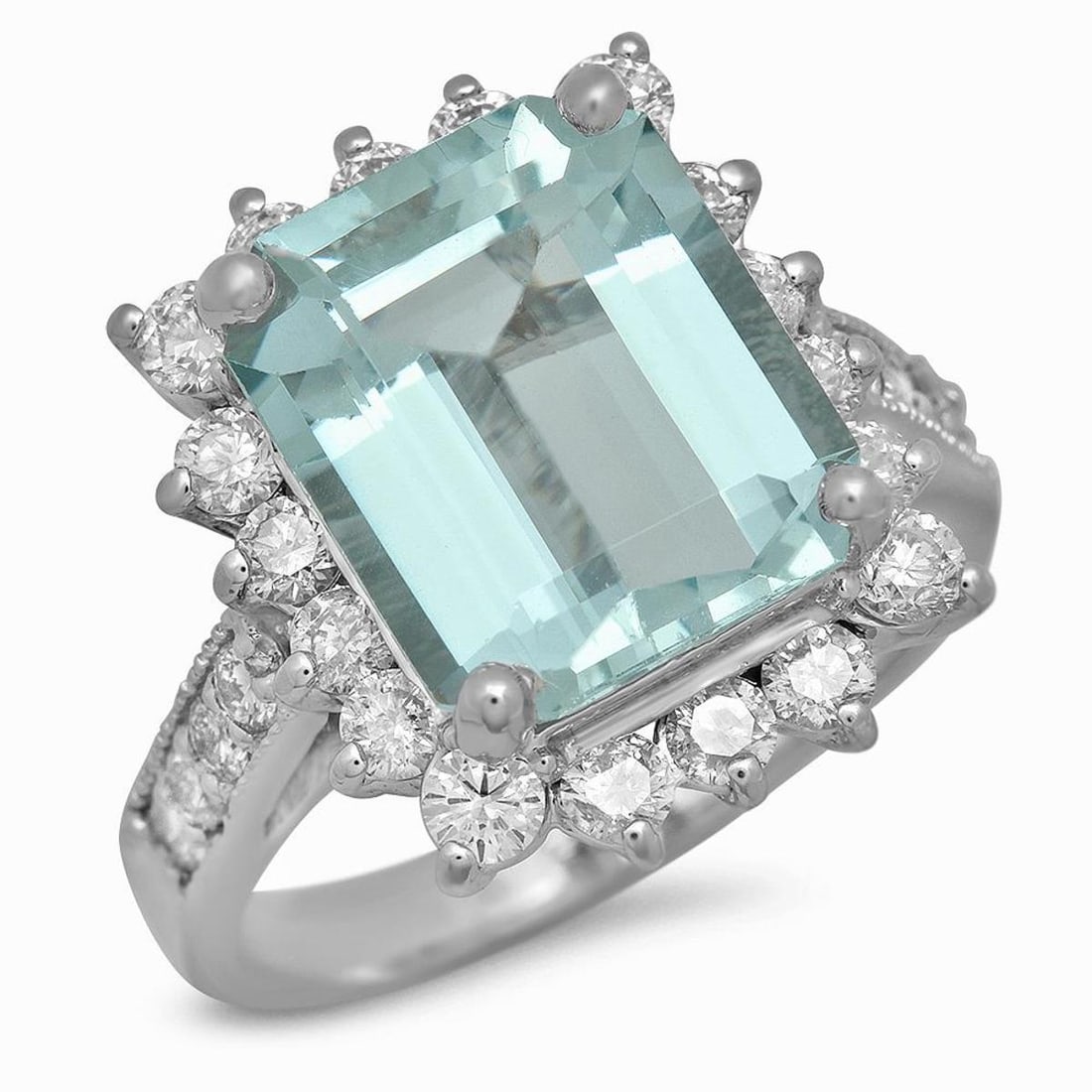 14K White Gold 5.42ct Aquamarine and 1.16ct Diamond Ring: Retail: $9,758.00 ****** 14K White Gold 5.42ct Aquamarine and 1.16ct Diamond Ring ****** Metal: 14K White Gold / Total Item Weight: 6.8 Grams / Country Made: United States / / Main Stone: Aquamarine /