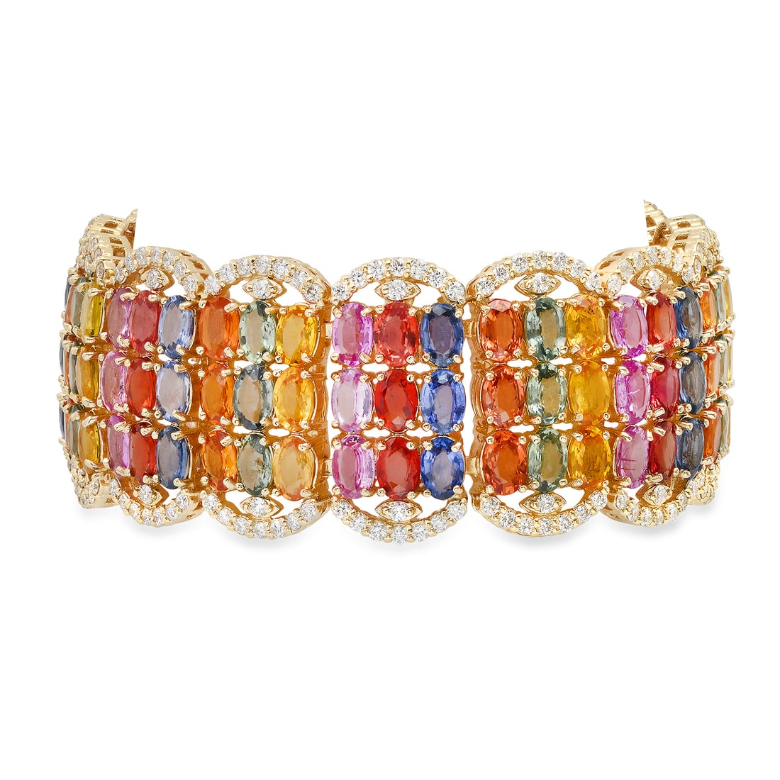14K Yellow Gold 67.35ct Multi-Colored Sapphire and 4.89ct Diamond Bracelet: Retail: $78,650.00 ****** 14K Yellow Gold 67.35ct Multi-Colored Sapphire and 4.89ct Diamond Bracelet ****** Metal: 14K Yellow Gold / Total Item Weight: 64.8 Grams / Country Made: United States / / Mai