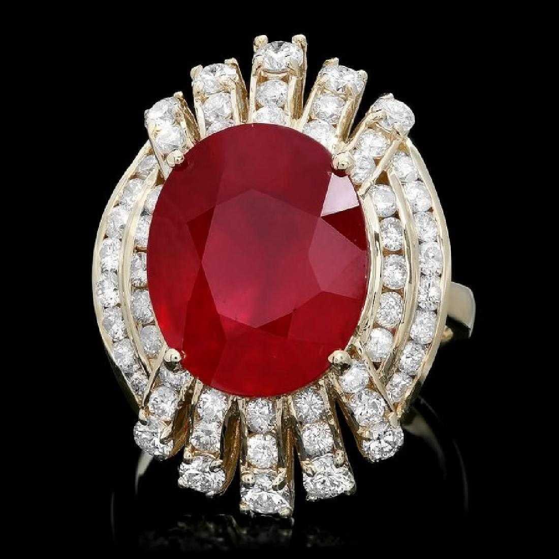 14K Yellow Gold 9.89ct Ruby and 1.93ct Diamond Ring: Retail: $11,265.00 ****** 14K Yellow Gold 9.89ct Ruby and 1.93ct Diamond Ring ****** Metal: 14K Yellow Gold / Total Item Weight: 9.0 Grams / Country Made: United States / / Main Stone: Ruby / Color: R