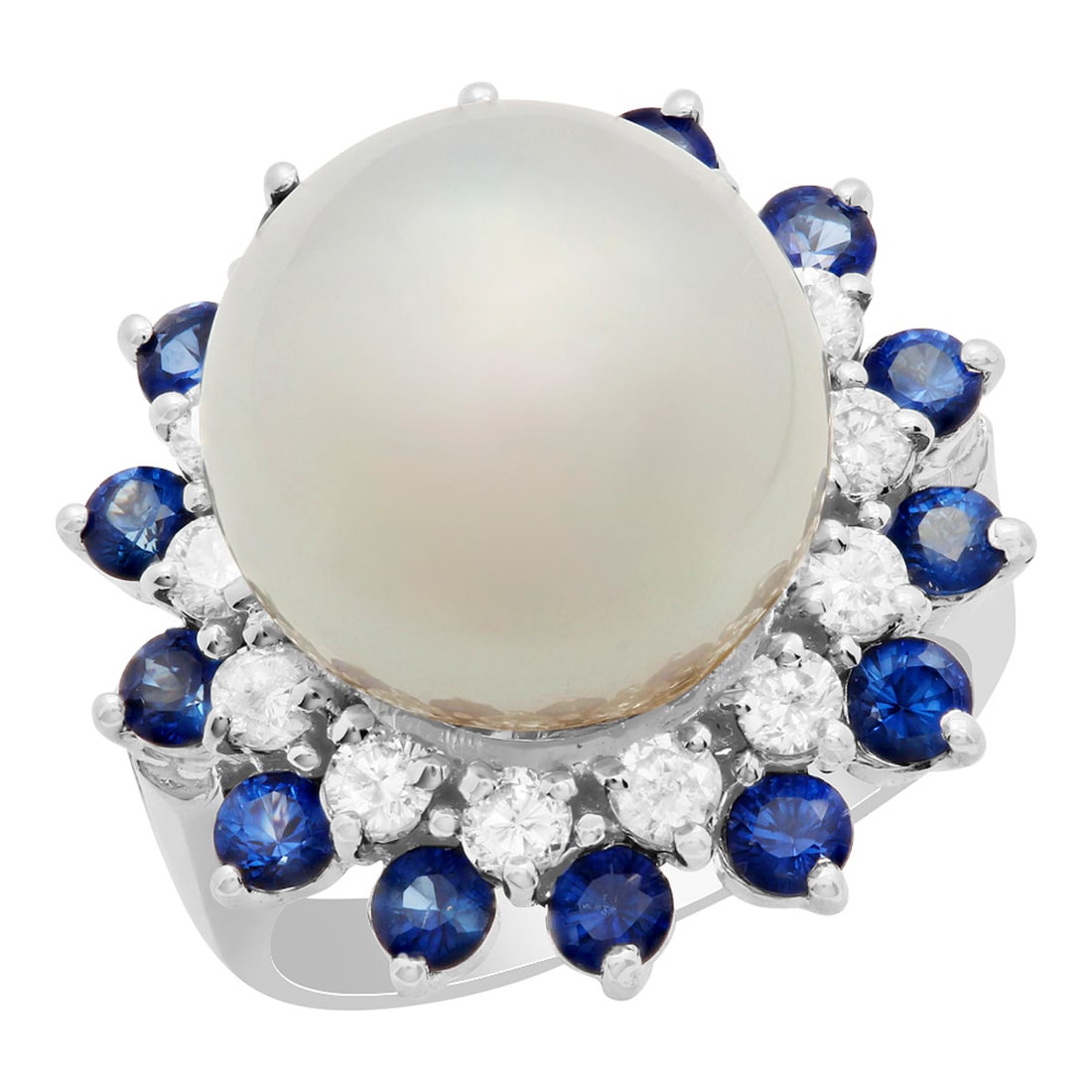 14k White Gold 13.5mm Pearl 1.37ct Sapphire 0.74ct Diamond Ring: Retail: $9,720.00 ****** 14k White Gold 13.5mm Pearl 1.37ct Sapphire 0.74ct Diamond Ring ****** Metal: 14k Solid White Gold / Total Item Weight: 11.30 grams / Country Made: United States / / Main Ston