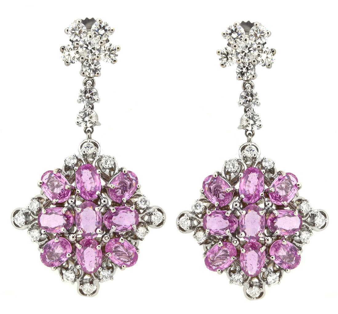 18K White Gold Ladies Earrings with 10.52ct Pink Sapphire and 2.75ct tw Diamonds: Retail: $19,000.00 ****** 18K White Gold Ladies Earrings with 10.52ct Pink Sapphire and 2.75ct tw Diamonds ****** Size: 1.5 long / Metal: 18K White Gold / Total Item Weight: 18.5 Grams / Country
