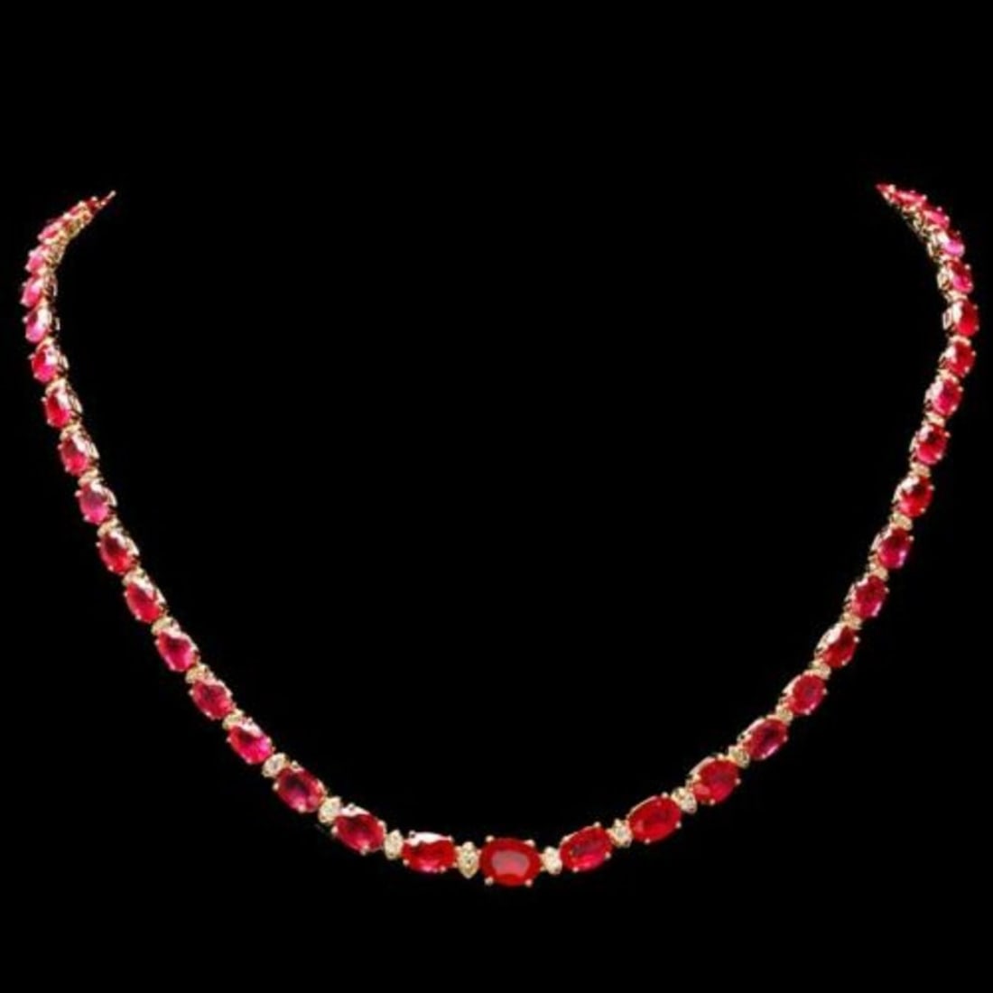 14K Yellow Gold 35.65ct Ruby and 1.22ct Diamond Necklace: Retail: $18,365.00 ****** 14K Yellow Gold 35.65ct Ruby and 1.22ct Diamond Necklace ****** Metal: 14K Yellow Gold / Total Item Weight: 23.0 Grams / Country Made: United States / / Main Stone: Ruby / Co