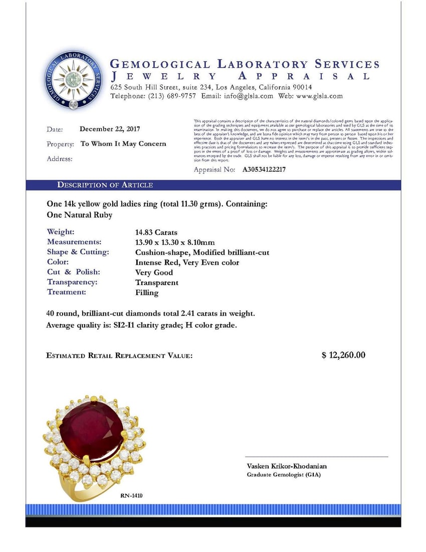 14k Yellow Gold 14.83ct Ruby 2.41ct Diamond Ring - 5