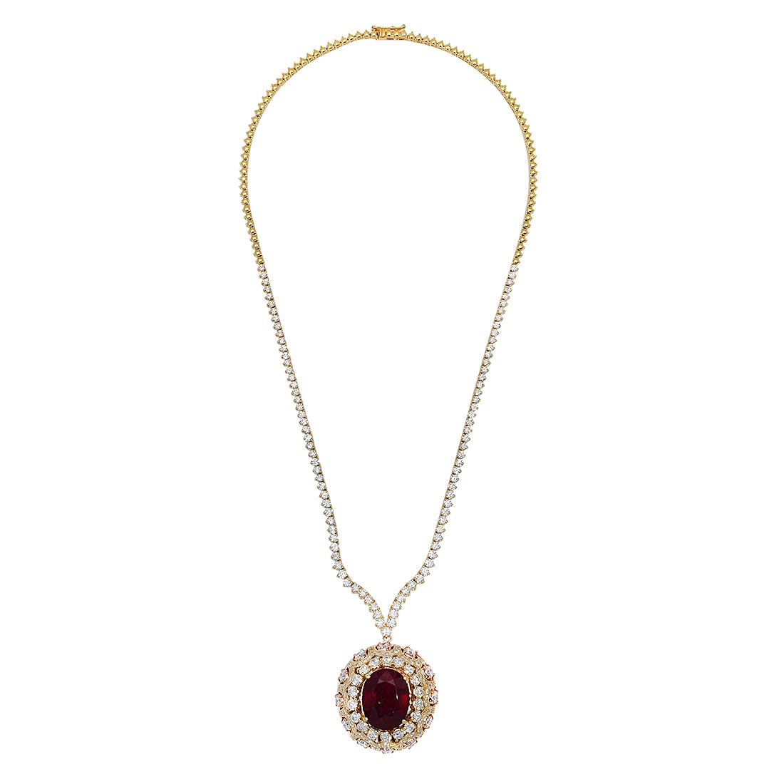 18K Yellow Gold and 14K Rose Gold 15.45ct Ruby and 10.65ct Diamond Necklace: Retail: $45,310.00 ****** 18K Yellow Gold and 14K Rose Gold 15.45ct Ruby and 10.65ct Diamond Necklace ****** Metal: 18K Yellow and 14K Rose gold / Total Item Weight: 39.20 / Country Made: United State