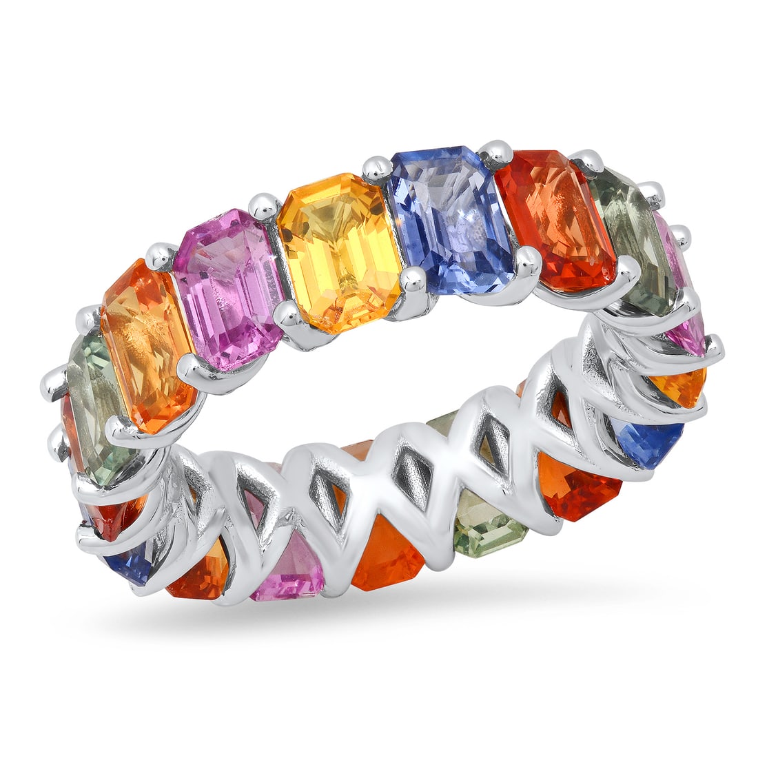 14K White Gold and 4.51ct Multi colored Sapphire Eternity Band: Retail: $5,516.00 ****** 14K White Gold and 4.51ct Multi colored Sapphire Eternity Band ****** Size: 7.5 / Metal: 14K White Gold / Total Item Weight: 6.6 Grams / Country Made: United States / / Main S