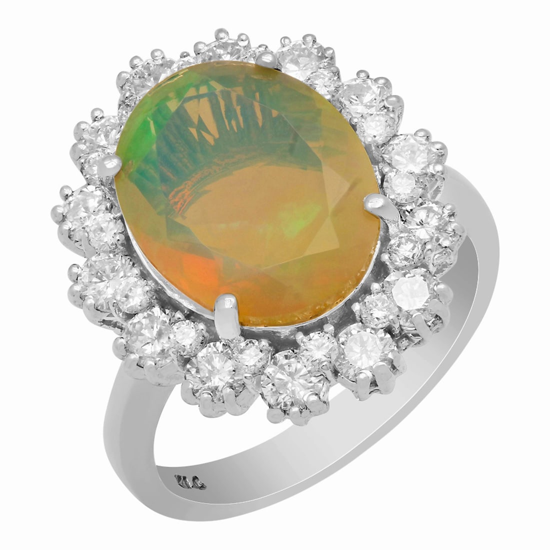 14k White Gold 2.58ct Opal 1.32ct Diamond Ring: Retail: $8,250.00 ****** 14k White Gold 2.58ct Opal 1.32ct Diamond Ring ****** Metal: 14K White Gold / Total Item Weight: 5.50 grams / Country Made: United States / / Main Stone: Opal / Color: Play of