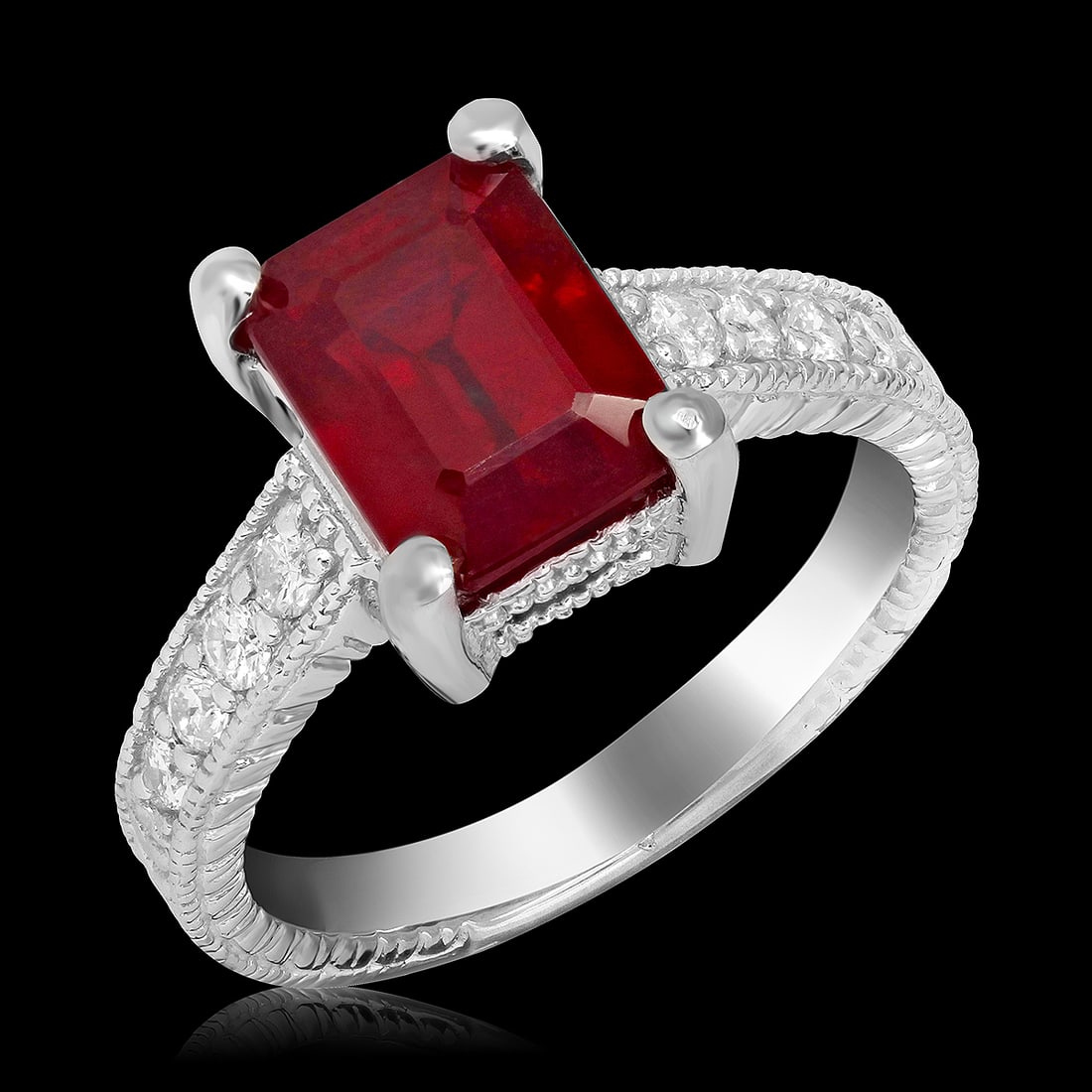 14k White Gold 5.90ct Ruby 0.32ct Diamond Ring: Retail: $4,100.00 ****** 14k White Gold 5.90ct Ruby 0.32ct Diamond Ring ****** Metal: 14K White Gold / Total Item Weight: 5.8 grams / Country Made: United States / / Main Stone: Ruby / Color: Red /