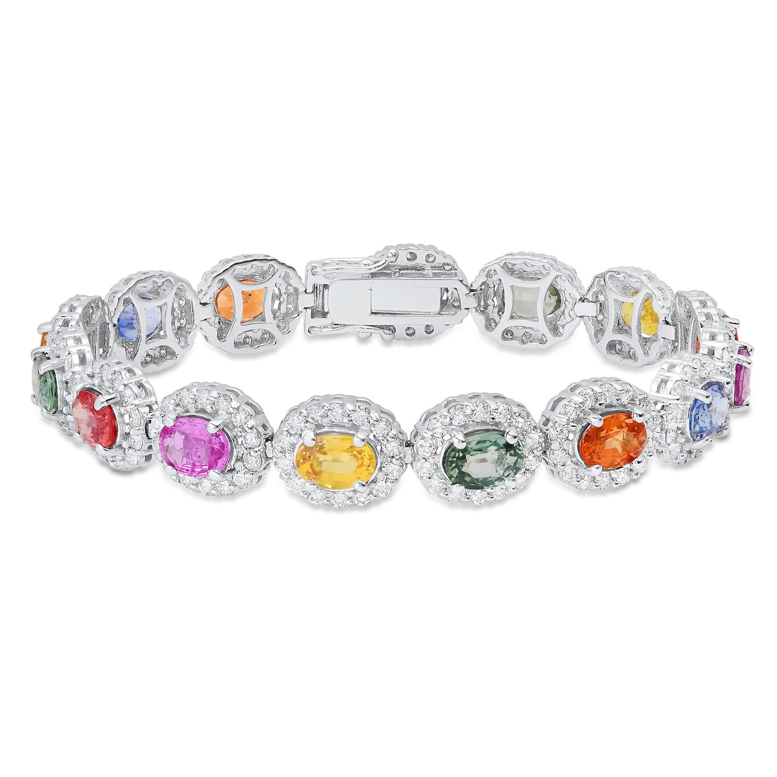 14K White Gold Ladies Bracelet with 18.60ct tw Sapphire and 6.79ct tw Adjacent Diamonds: Retail: $63,750.00 ****** 14K White Gold Ladies Bracelet with 18.60ct tw Sapphire and 6.79ct tw Adjacent Diamonds ****** Size: 7 / Metal: 14K White Gold / Total Item Weight: 24.3 Grams / Country