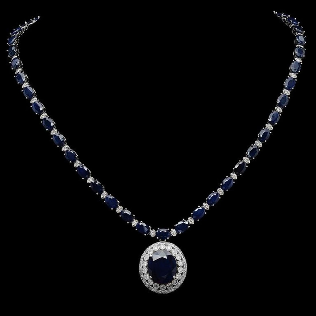 14K Gold 51.02 ct Sapphire & 3.31 ct Diamond Necklace: Retail: $31,176.00 ****** 14K Gold 51.02 ct Sapphire & 3.31 ct Diamond Necklace ****** Metal: 14K Solid White Gold / Total Item Weight: 32.8 grams / Country Made: United States / / Main Stone: